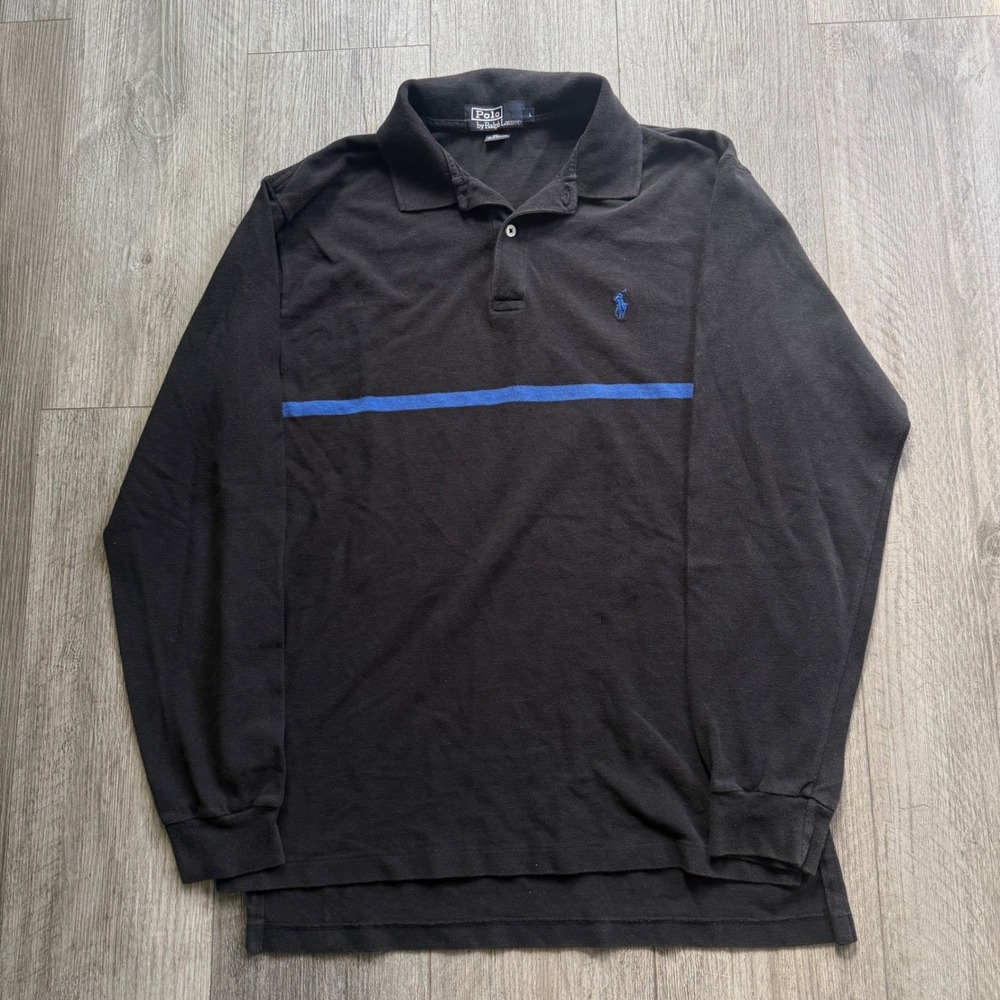 Y2K Polo Ralph Lauren Mens L Long Sleeve Black Polo Blue Stripe Pony Grunge
